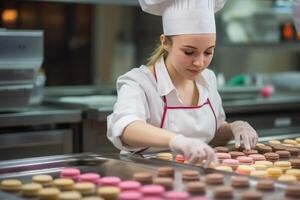 female master chef chocolatier working in artisanal professional chocolate laboratory, photo