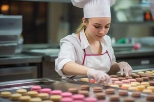 female master chef chocolatier working in artisanal professional chocolate laboratory, AI Generative photo