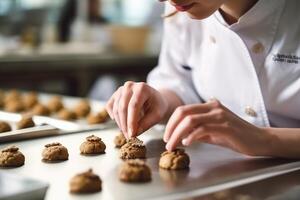 male master chef chocolatier working in artisanal professional chocolate laboratory, AI Generative photo