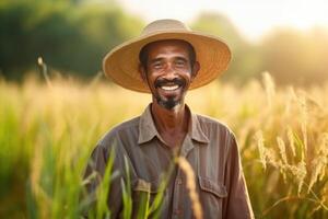 Smiling farmer standing in field , AI Generative photo