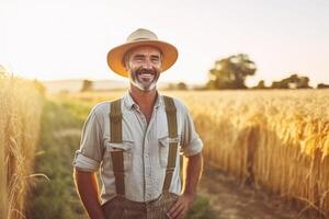 Smiling farmer standing in field , AI Generative photo