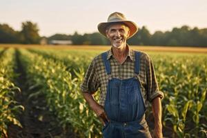 Smiling farmer standing in field , photo