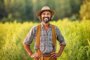 Smiling farmer standing in field , AI Generative photo