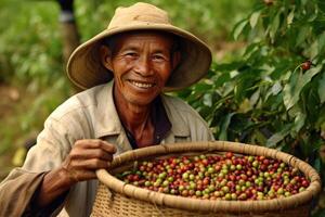 farmer on arabica coffee plantation , AI Generative photo