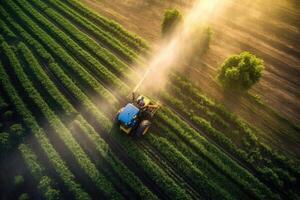 Aerial view of farming tractor plowing and spraying on field, AI Generative photo