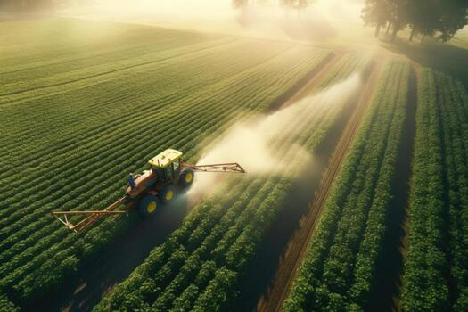 Aerial view of farming tractor plowing and spraying on field, photo