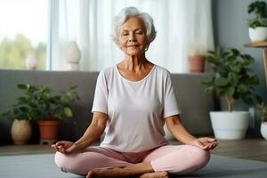 elderly woman in yoga position, AI Generative photo