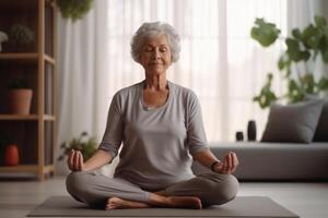 elderly woman in yoga position, AI Generative photo