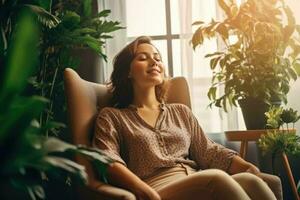 millennial woman sit in cozy chair in design home stretch relax breathe fresh air, AI Generative photo