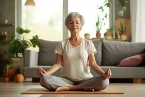 elderly woman in yoga position, AI Generative photo
