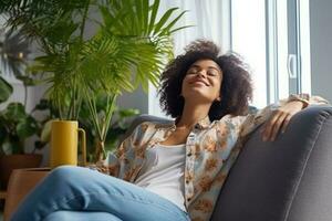 millennial woman sit in cozy chair in design home stretch relax breathe fresh air, AI Generative photo