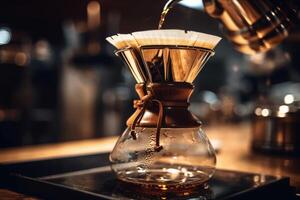 Alternative coffee brewing method,pure over,glass teapot on wooden tray with brewed coffee on dark background. photo