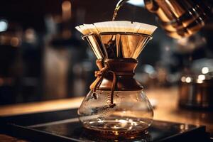 Alternative coffee brewing method,pure over,glass teapot on wooden tray with brewed coffee on dark background. AI Generated photo