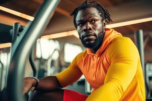 africano hombre en brillante deporte ropa a el gimnasio , ai generado foto