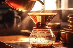 Alternative coffee brewing method,pure over,glass teapot on wooden tray with brewed coffee on dark background. photo