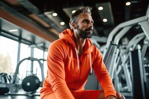 caucásico hombre en brillante deporte ropa a el gimnasio , ai generado foto