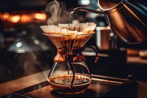 Alternative coffee brewing method,pure over,glass teapot on wooden tray with brewed coffee on dark background. photo