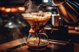 Alternative coffee brewing method,pure over,glass teapot on wooden tray with brewed coffee on dark background. AI Generated photo