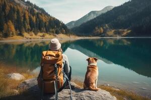 portrait of woman and her dog enjoying hiking. AI Generative photo