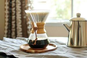 Alternative coffee brewing method,pure over,glass teapot on wooden tray with brewed coffee on dark background. AI Generated photo