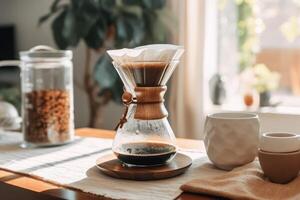 Alternative coffee brewing method,pure over,glass teapot on wooden tray with brewed coffee on dark background. AI Generated photo