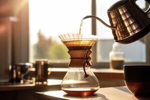 Alternative coffee brewing method,pure over,glass teapot on wooden tray with brewed coffee on dark background. AI Generated photo