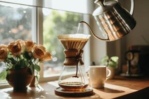 Alternative coffee brewing method,pure over,glass teapot on wooden tray with brewed coffee on dark background. AI Generated photo