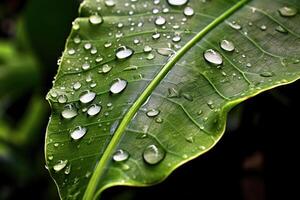 Macro shot of raindrops on leaf , AI Generative photo