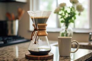 Alternative coffee brewing method,pure over,glass teapot on wooden tray with brewed coffee on dark background. AI Generated photo