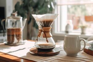 Alternative coffee brewing method,pure over,glass teapot on wooden tray with brewed coffee on dark background. AI Generated photo