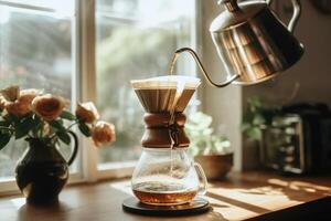 Alternative coffee brewing method,pure over,glass teapot on wooden tray with brewed coffee on dark background. AI Generated photo