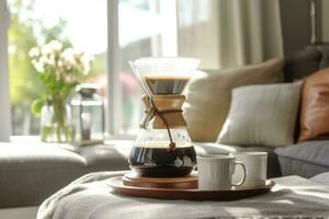 Alternative coffee brewing method,pure over,glass teapot on wooden tray with brewed coffee on dark background. AI Generated photo