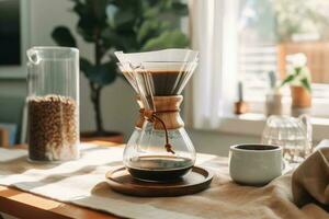 Alternative coffee brewing method,pure over,glass teapot on wooden tray with brewed coffee on dark background. AI Generated photo