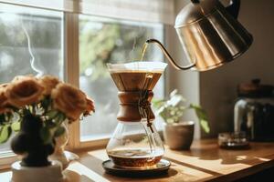 Alternative coffee brewing method,pure over,glass teapot on wooden tray with brewed coffee on dark background. AI Generated photo