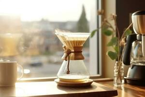 Alternative coffee brewing method,pure over,glass teapot on wooden tray with brewed coffee on dark background. AI Generated photo