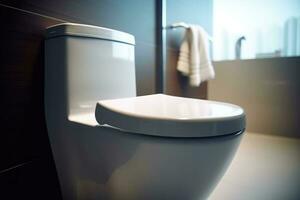 New ceramic toilet bowl near light wall, AI generated photo