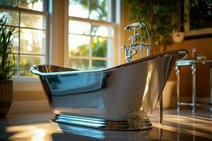 moderno tina y mesa con artículos de aseo en baño. interior diseño, ai generado foto