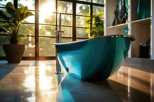 moderno tina y mesa con artículos de aseo en baño. interior diseño, ai generado foto