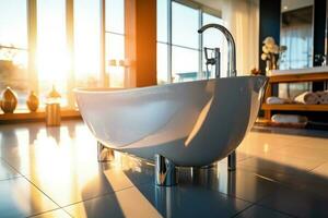 Modern tub and table with toiletries in bathroom. Interior design, AI generated photo