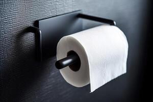 un blanco rodar de suave baño papel pulcramente colgando en un moderno cromo poseedor en un ligero azul baño muro, ai generado foto