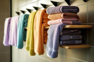 Hanger with clean towels on color wall, photo