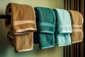 Hanger with clean towels on color wall, AI generated photo