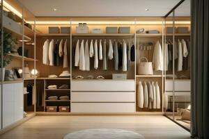 clothes hanging on rail in wooden closet at home, AI generated photo