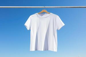 White tshirt mockup on hanger outdoors, AI Generative photo