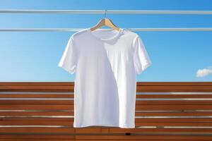 White tshirt mockup on hanger outdoors, photo