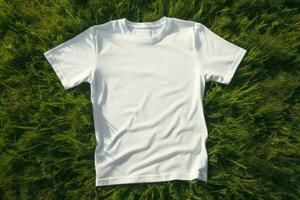 White tshirt mockup lying on green grass, AI Generative photo