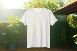 White tshirt mockup on hanger outdoors, AI Generative photo