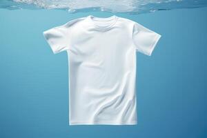 blanco camiseta Bosquejo flotante en agua superficie, ai generativo foto