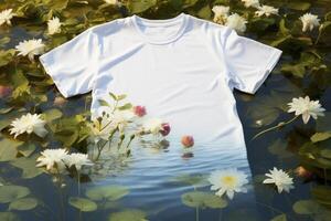 White tshirt mockup floatinf on water surface, photo