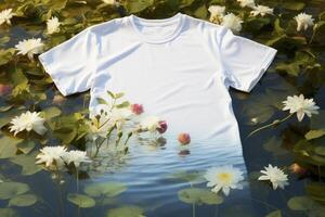 White tshirt mockup floatinf on water surface, AI Generative photo